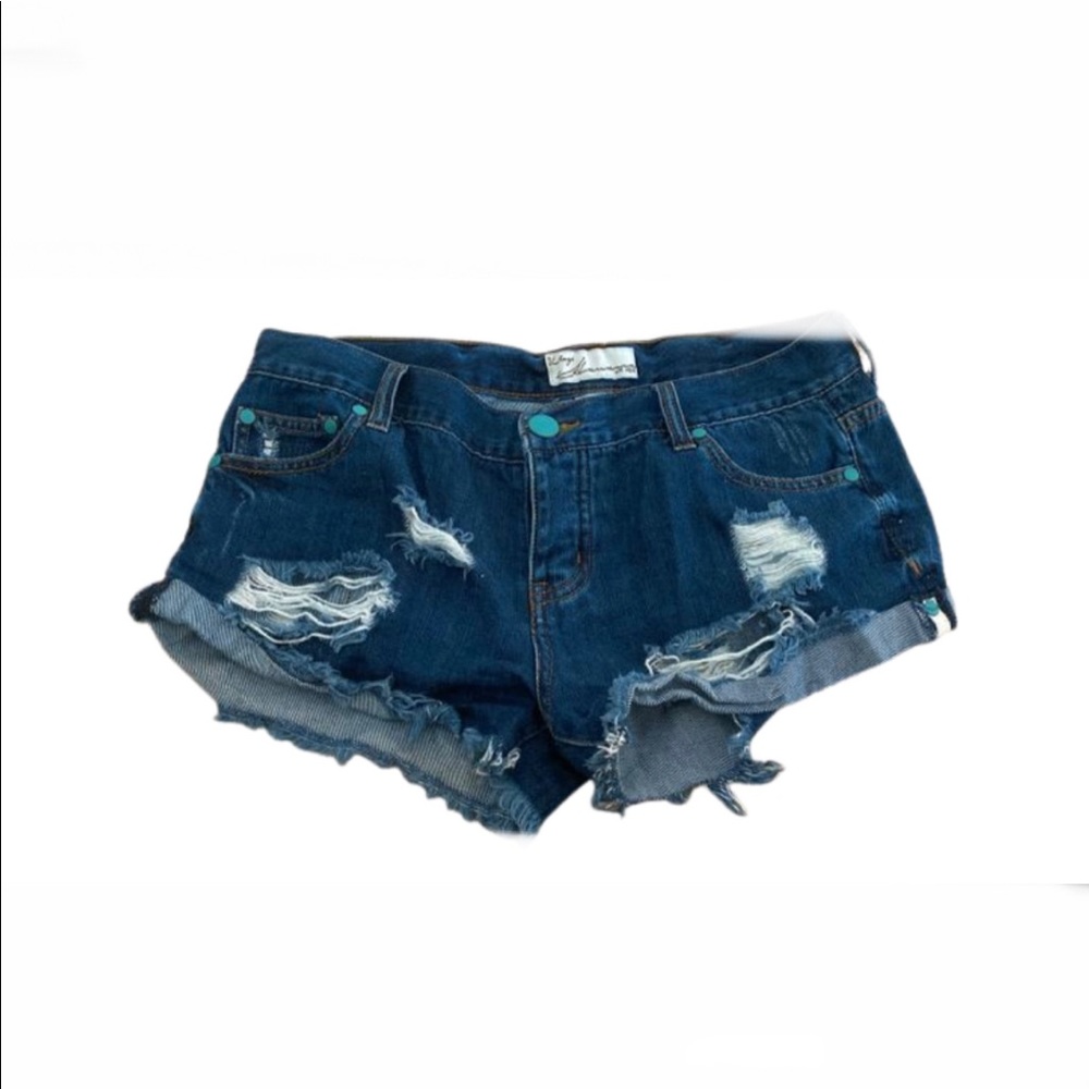 Dark denim shorts with turquoise buttons, destroyed. Size 27